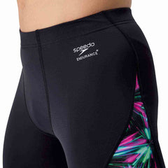 Speedo men's printed side spliced jammer swimsuit featuring firework burst design in black with colorful accents.