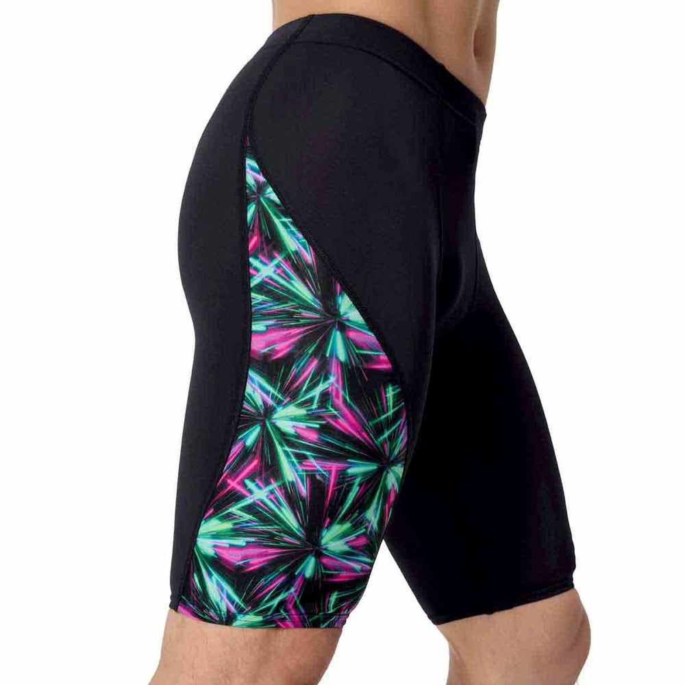 Speedo men's printed side spliced jammer in black with firework burst design, featuring a sleek swimwear style for competitive swimming.