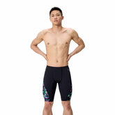 Speedo men's printed side spliced jammer featuring firework burst and black design, suitable for competitive swimming.
