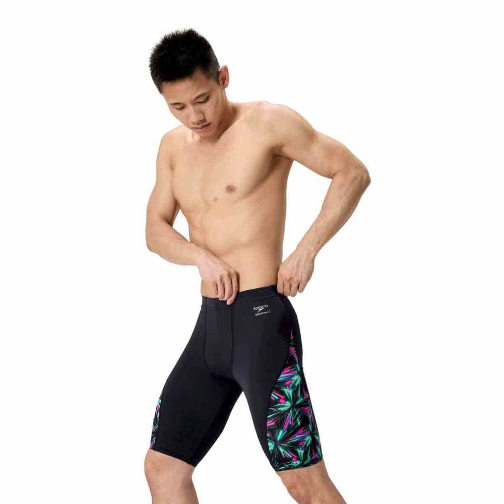 Speedo men's printed side spliced jammer in firework burst and black with vibrant swimwear design.