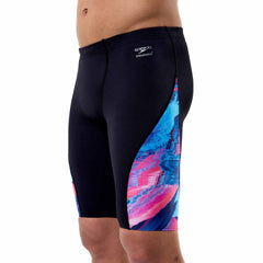 Speedo men's spliced printed jammer featuring a brushy glitch black design, designed for competitive swimming and performance.