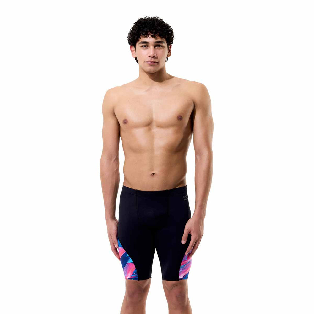 Speedo men's spliced printed jammer in Brushy Glitch black with colorful design, suitable for competitive swimming.