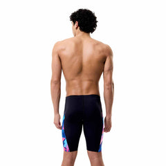 Speedo men's spliced printed jammer in Brushy Glitch-Black with bold, colorful pattern and streamlined fit for competitive swimming.