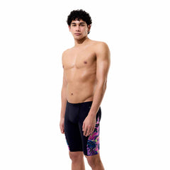 Speedo men's spliced printed jammer swimsuit with techno jungle black pattern, designed for competitive swimming.