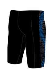 Speedo men's Endurance+ Max Tech Panel jammer in black and blue, featuring a sleek design for competitive swimming.