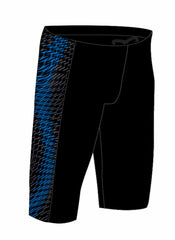 Speedo men's Endurance+ Max Tech Panel jammer in black and blue, showcasing a sleek swimwear design with technical panel details.