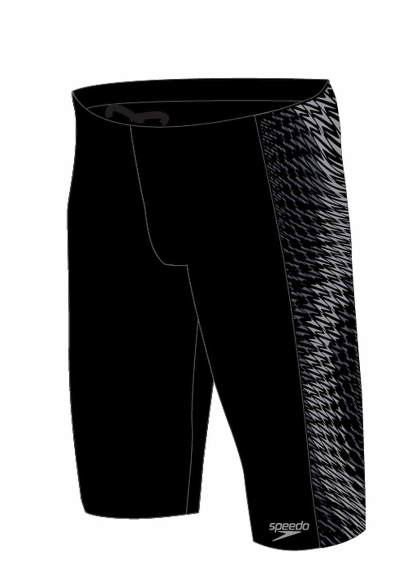 Speedo men's Endurance+ Max Tech Panel jammer in black and grey, close-up view of the athletic swimwear designed for durability.