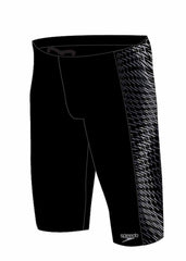 Speedo men's Endurance+ Max Tech Panel jammer in black and grey, close-up view of the athletic swimwear designed for durability.