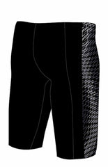 Speedo men's Endurance+ Max Tech Panel jammer in black and grey with sleek design and comfortable fit for competitive swimming.