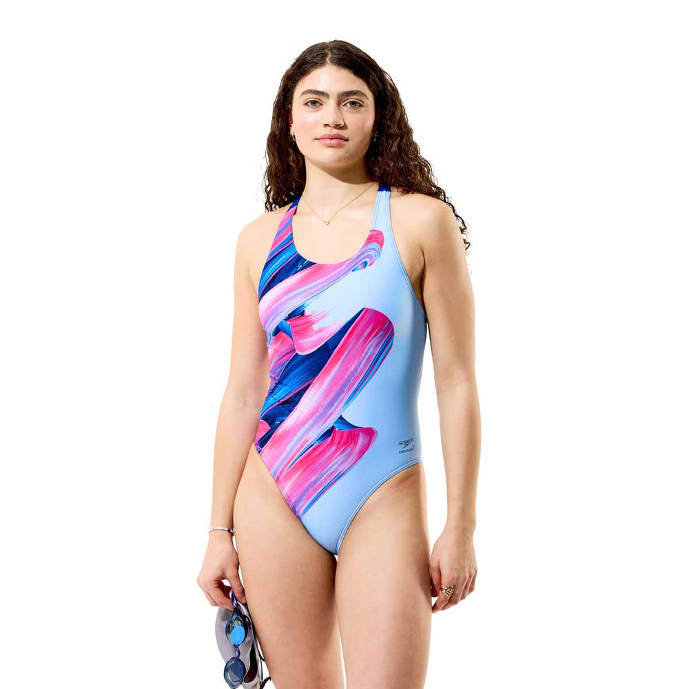 Speedo women's printed Powerback swimsuit with brushy shadows design, featuring vibrant colors and supportive fit for swimming.
