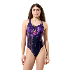 Speedo women's printed Powerback swimsuit in Midnight Jungle design, black with jungle-themed pattern, suitable for competitive swimming.