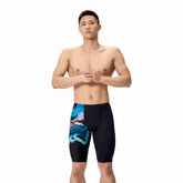 Speedo men's ML printed jammer in canyon ombre and black, showcasing the sleek swimwear design with vibrant color gradients.