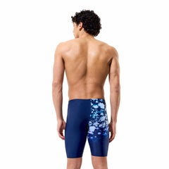 Speedo men's printed jammer swimsuit featuring a moonglow smoke and navy design, designed for competitive swimming.