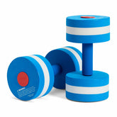 Blue and white Speedo aquatic fitness dumbbell with ergonomic grip for water exercise and resistance training.
