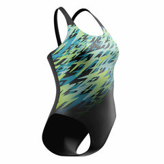 Speedo women's Hyperboom placement muscleback swimsuit in anthracite and hyper teal, featuring a sleek, athletic design for swimming.