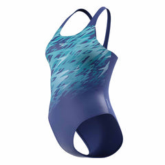 Speedo Women's Hyperboom Placement Muscleback swimsuit in Night Watch and Glacier Blue, featuring a sleek design and supportive fit.