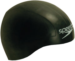 Black Speedo Aqua V swimming cap made of lightweight, waterproof material, designed for comfortable water sports use.
