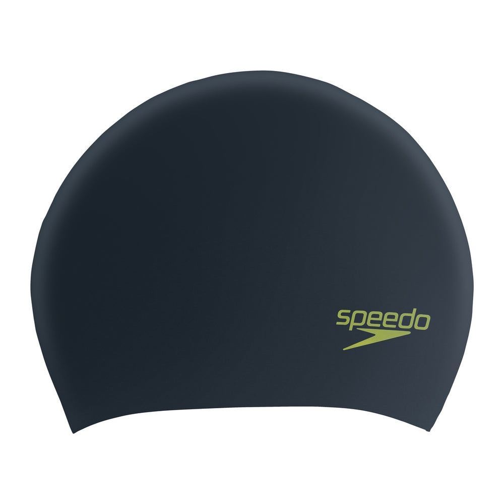 Speedo junior long hair swimming cap in black and acid green, designed for comfortable fit and water protection.