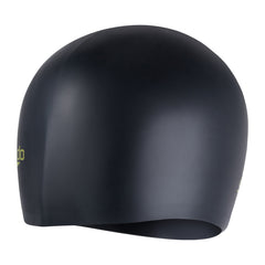 Speedo long hair swimming cap for juniors in black and acid green, made of sleek waterproof material, designed for comfortable fit.