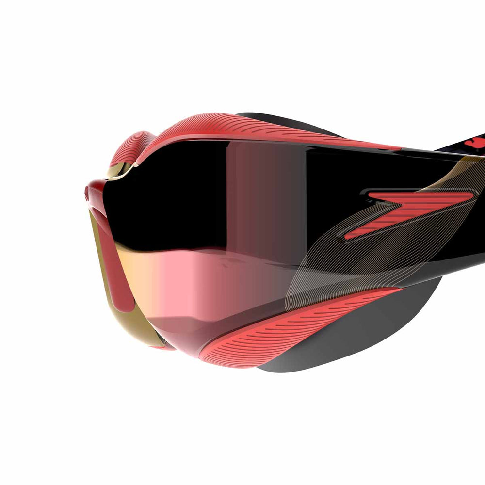 Speedo Fastskin Hyper Elite mirrored swimming goggles in autumn red, smoke, and crimson royal with reflective lenses.