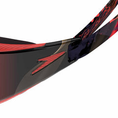 Speedo Fastskin Hyper Elite mirrored swimming goggles in autumn red, smoke, and crimson royal with adjustable strap and mirrored lenses.