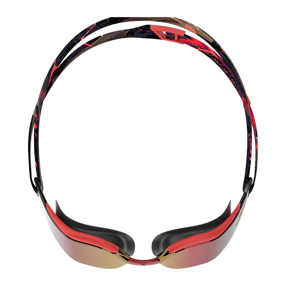 Speedo Fastskin Hyper Elite mirrored swimming goggles in autumn red, smoke, and crimson royal with adjustable straps.