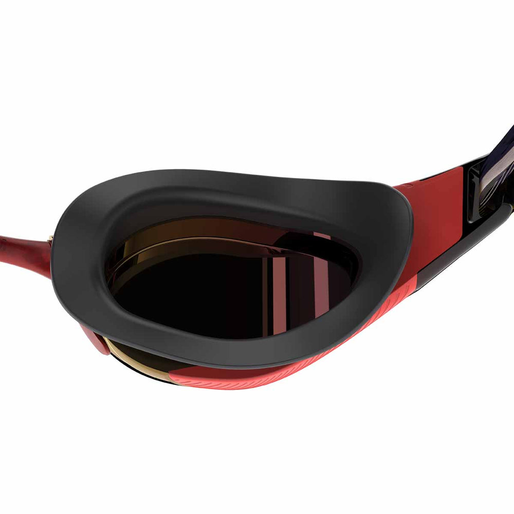 Speedo Fastskin Hyper Elite mirrored swimming goggles in autumn red, smoke, and crimson royal with sleek, reflective lenses.