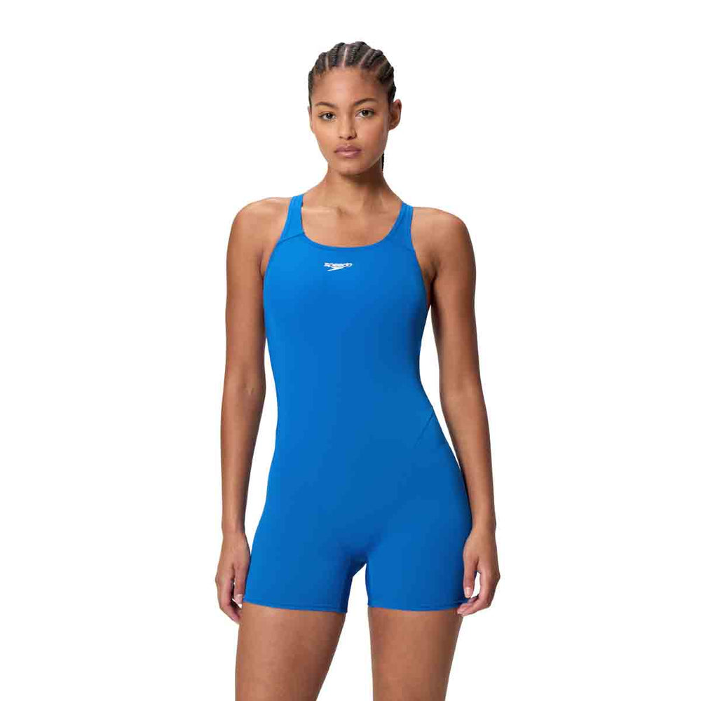 Speedo women's Eco Endurance+ kneesuit in blue, close-up view showing sleek fabric and fit for swimming.