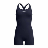Speedo women's Endurance+ legsuit in true navy, showcasing a close-up of the sleek, fitted swimwear fabric and design.