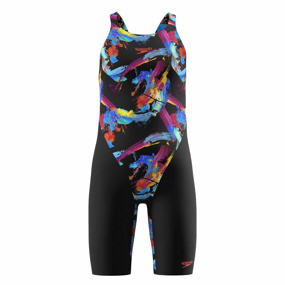 Speedo Girls Fastskin Junior Endurance+ Max openback kneesuit in Color Shock and black, featuring a sleek, streamlined design.
