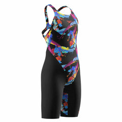 Speedo Girls Fastskin Junior Endurance+ Max openback kneesuit in Colour Shock and black, featuring sleek fabric and streamlined design.
