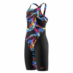 Speedo Girls Fastskin Junior Endurance+ Max openback kneesuit in Colour Shock and black, featuring sleek design and durable fabric.