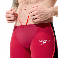 Speedo men's Fastskin LZR Pure Intent 2.0 jammer in regal red, black, and flare ml with sleek swimwear design.