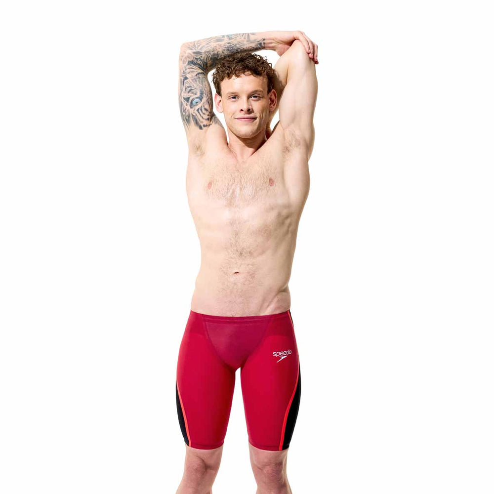 Speedo men's Fastskin LZR Pure Intent 2.0 jammers in regal red, black, and flare design, designed for competitive swimming.