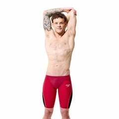 Speedo men's Fastskin LZR Pure Intent 2.0 jammers in regal red, black, and flare design, designed for competitive swimming.