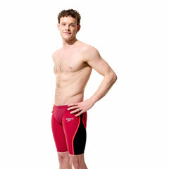 Speedo men's Fastskin LZR Pure Intent 2.0 jammer in regal red, black, and flare blue, designed for competitive swimming.