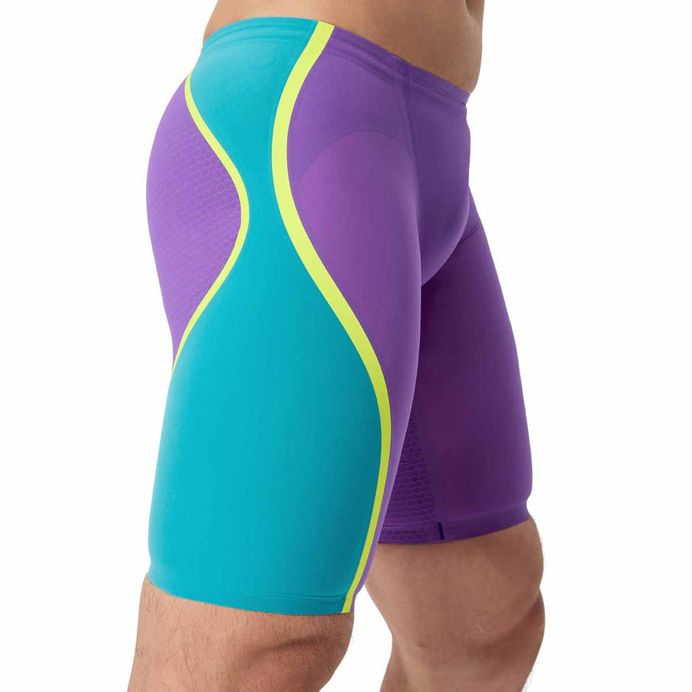 Speedo men's Fastskin LZR Pure Intent 2.0 jammer in grape, blue, and yellow with sleek, performance-focused design.