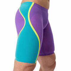 Speedo men's Fastskin LZR Pure Intent 2.0 jammer in grape, blue, and yellow with sleek, performance-focused design.