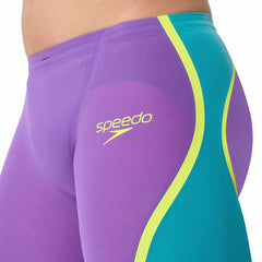 Speedo men's Fastskin LZR Pure Intent 2.0 jammer in grape, blue, and yellow with a sleek, hydrodynamic design.