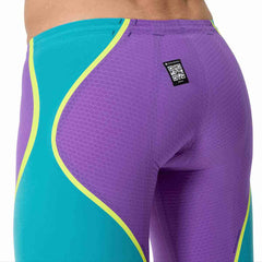 Speedo men's Fastskin LZR Pure Intent 2.0 jammer in grape, blue, and yellow showing the sleek swimwear design.