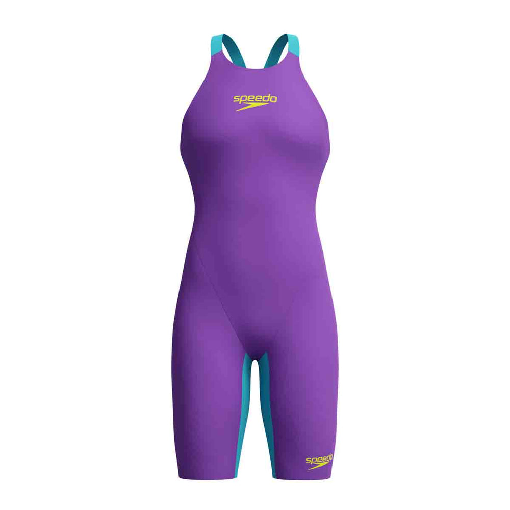 Speedo Women's Fastskin LZR Pure Valor 2.0 openback kneesuit in grape, blue, and yellow with sleek design and streamlined fit.
