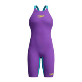 Speedo Women's Fastskin LZR Pure Valor 2.0 openback kneesuit in grape, blue, and yellow with sleek design and streamlined fit.
