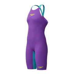 Speedo Women's Fastskin LZR Pure Valor 2.0 openback kneesuit in grape, blue, and yellow with sleek, form-fitting design.