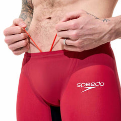 Speedo men's Fastskin LZR Pure Valor 2.0 jammer in Regal Red and black, featuring a sleek, streamlined design for competitive swimming.