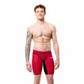Speedo men's Fastskin LZR Pure Valor 2.0 jammer in regal red and black, featuring a sleek, form-fitting swimwear design.