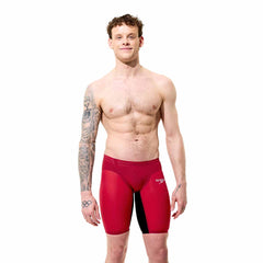 Speedo men's Fastskin LZR Pure Valor 2.0 jammer in regal red and black, featuring a sleek, form-fitting swimwear design.