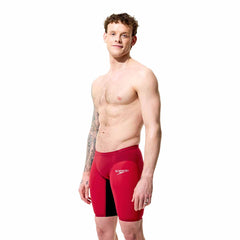 Speedo men's Fastskin LZR Pure Valor 2.0 jammer in regal red and black, featuring sleek swimwear design for competitive swimming.