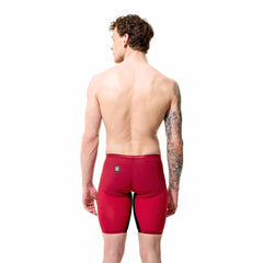 Speedo men's Fastskin LZR Pure Valor 2.0 jammers in regal red and black, showcasing sleek swimwear design for competitive swimmers.