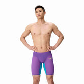 Speedo men's Fastskin LZR Pure Valor 2.0 jammer in grape, blue, and yellow, close-up view of the competitive swimwear.