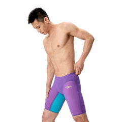 Speedo men's Fastskin LZR Pure Valor 2.0 jammer in grape, blue, and yellow with sleek swimwear design.